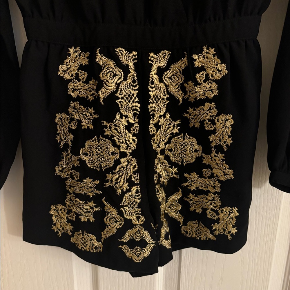 LOVERS + FRIENDS Long Sleeve Black Romper with Gold Brocade Details - Picture 7 of 13